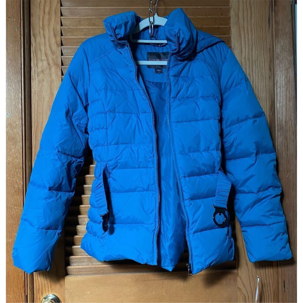 Women's Large Blue Puffers Jacket with Belt Hooded Winter Casual - Picture 6 of 6